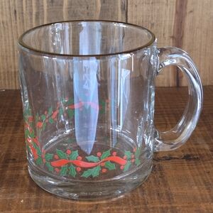 Vintage Clear Glass Holly & Berry Ribbon Christmas Coffee Cup Glassware Mug gold
